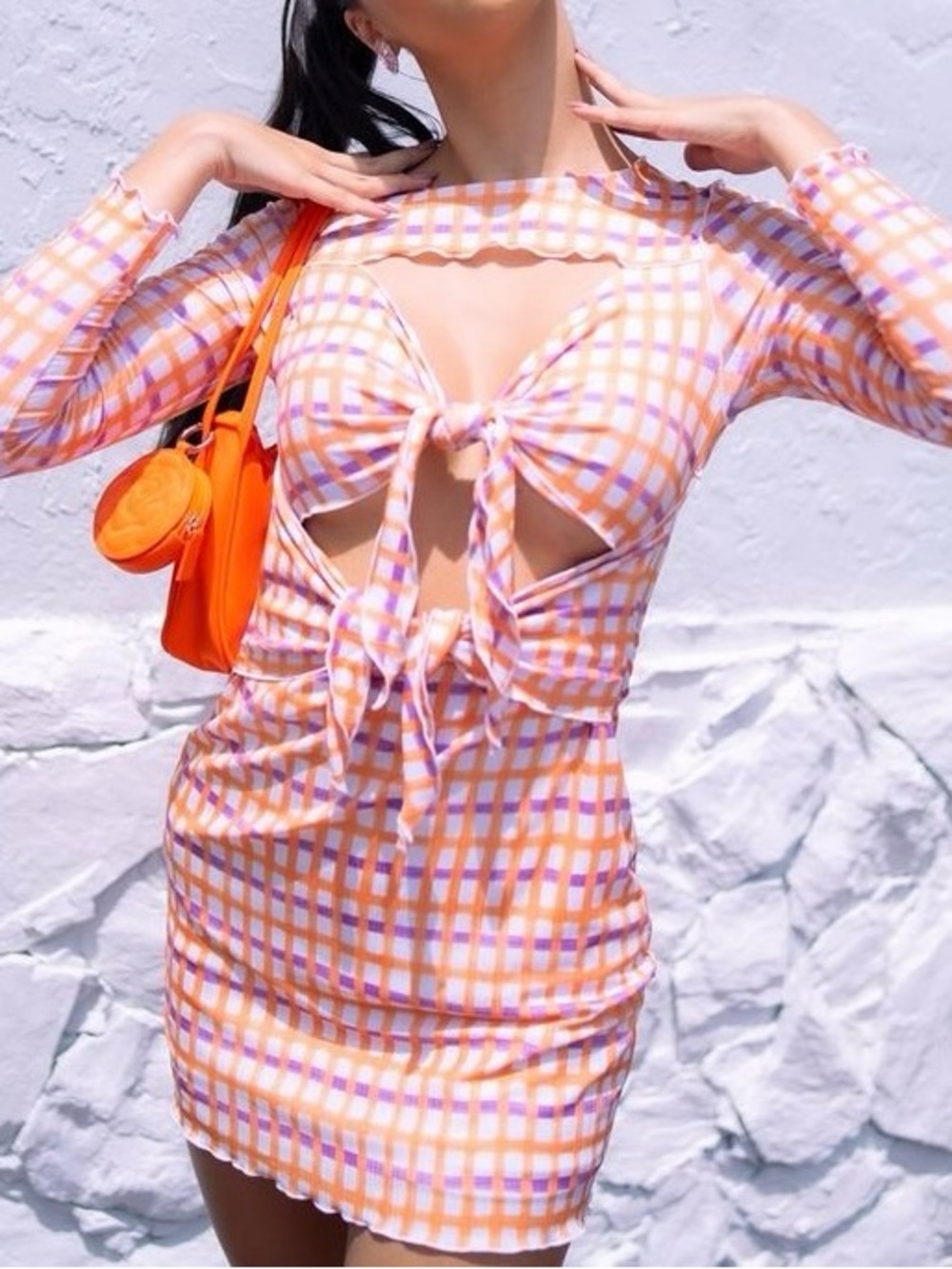 Pomelo Orange and Lavender Plaid Tie-Front Mini Dress